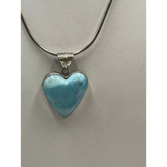 Sterling Silver 925 Caribbean Blue Heart Larimar Pendant and snake chain 15" - Picture 2 of 9